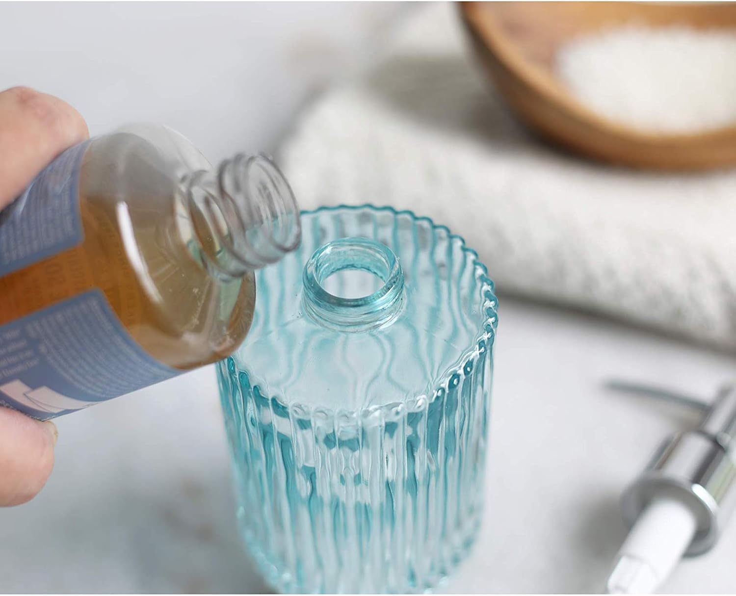 Parisian Blue Fluted Glass Soap Dispenser Bathroom Refillable Lotion Dispenser Suitable for Kitchen Hand Soap Dispenser (Gold) : Home & Kitchen