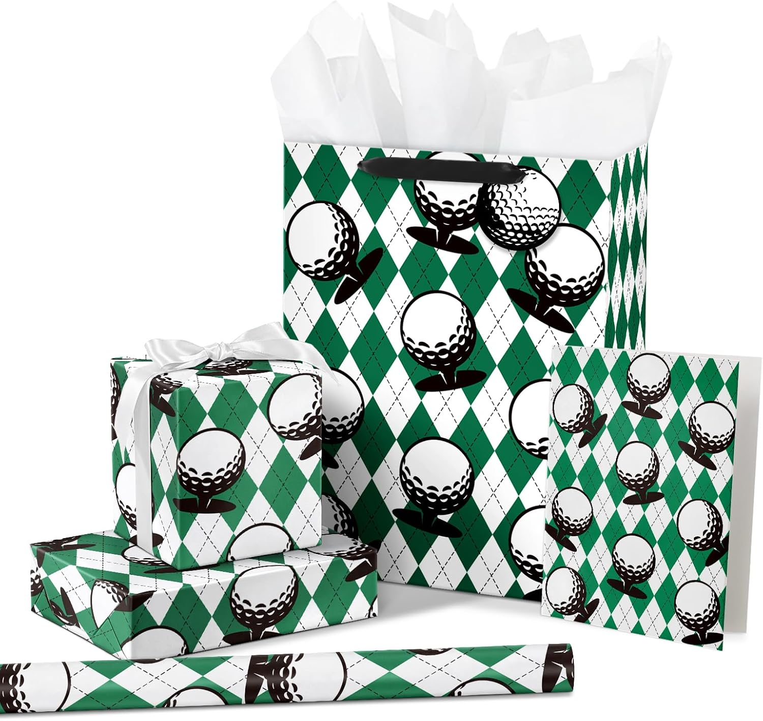 RUSPEPA Golf Wrapping Paper Bundle with 10" Gift Bag with Classic Golf Ball and Argyle Plaid Design for Father's Day, Birthday, Sports Party
