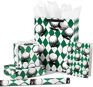 Golf Wrapping Paper Bundle with 10" Gift Bag with Classic Golf Ball and Argyle Plaid Design for Father's Day, Birthday, Sports Party