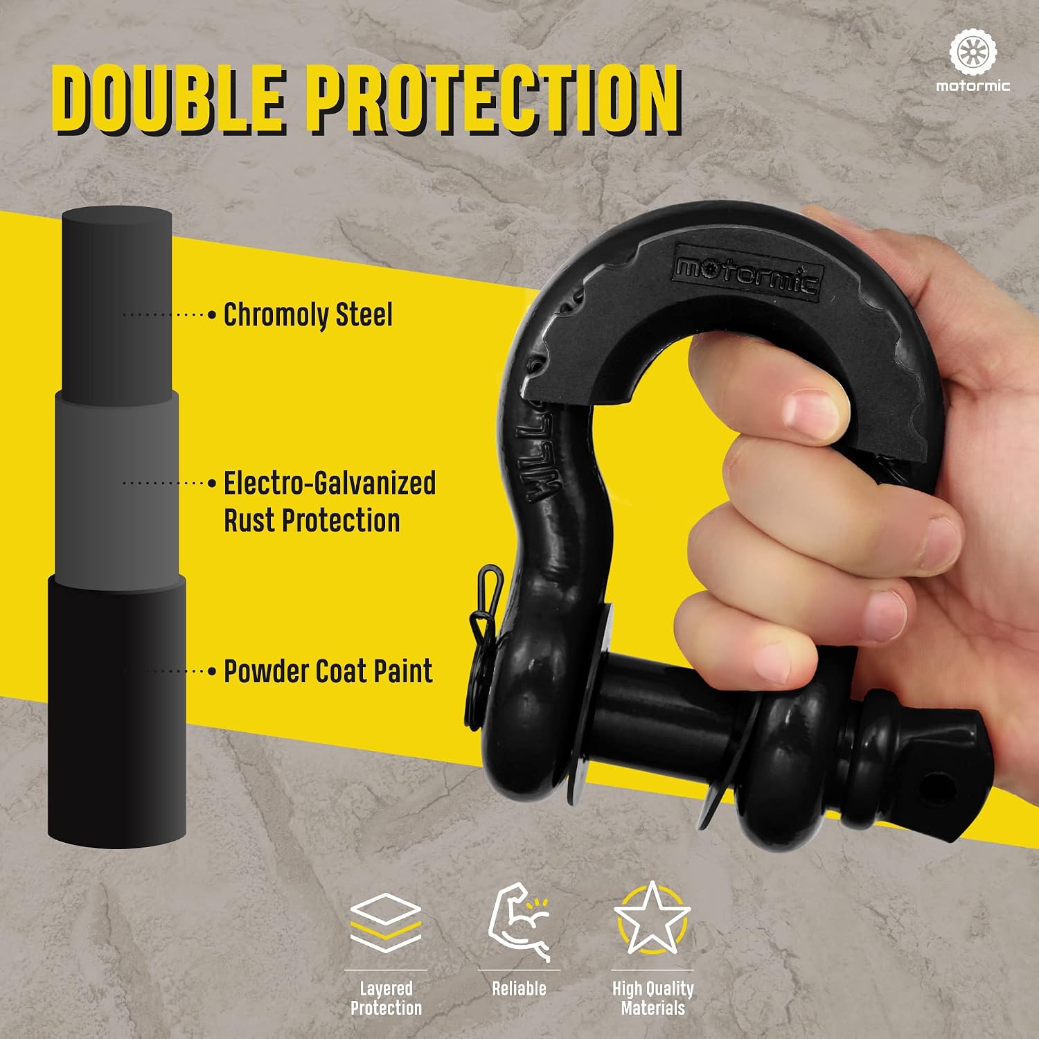 motormic Unique D Ring Shackles 2 Pack Black - 3/4" Clevis with 7/8" Pin Safety Max 57,000 lbs Break Point - 2 Black Isolators, 8 Washers - Heavy Duty use Tow Strap, Winch, Off Road, Towing