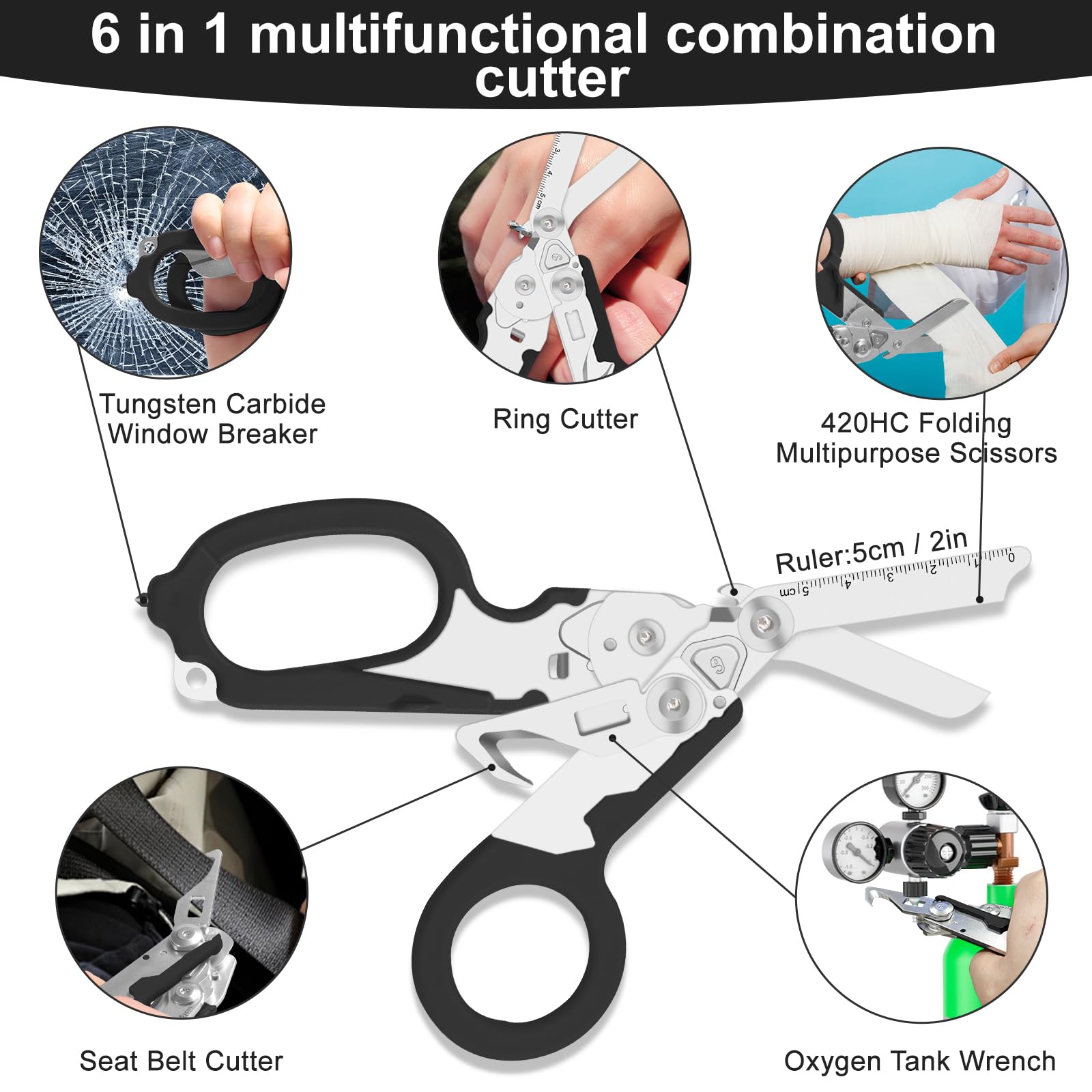 Tijeras de emergencia, tijeras para traumatismos, tijeras de rescate multiherramienta con 6 funciones prácticas, alicates de tijera plegables con funda,alicates tácticos plegables