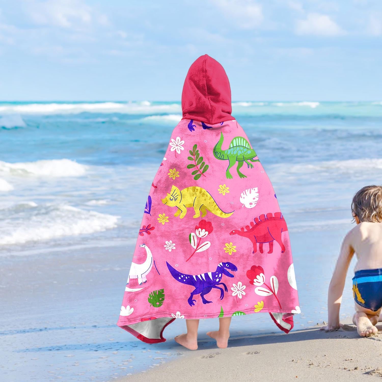 Dinosaur Girls Beach Towel with Hoodie for Kids Toddlers Age 4-8, Pink Bath Towels Shower Wrap for Girls, Hooded Poncho Beach Blanket for Pool Swimming Cute Wearable Bath Towel for Child