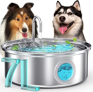 oneisall Dog Water Fountain, 7L Silent Stainless Steel Dog Water Fountain with Visual Water Level. 4-layer filtration for large medium small breed dogs pet