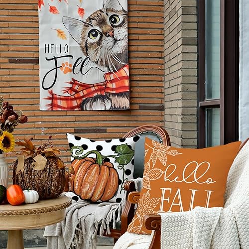 Miniatura 4 de GEEORY Juego de 4 fundas de almohada de otoño de 18 x 18 pulgadas, diseño de hojas de arce con diseño de calabaza y texto en inglés "Hello Pumpkin",
