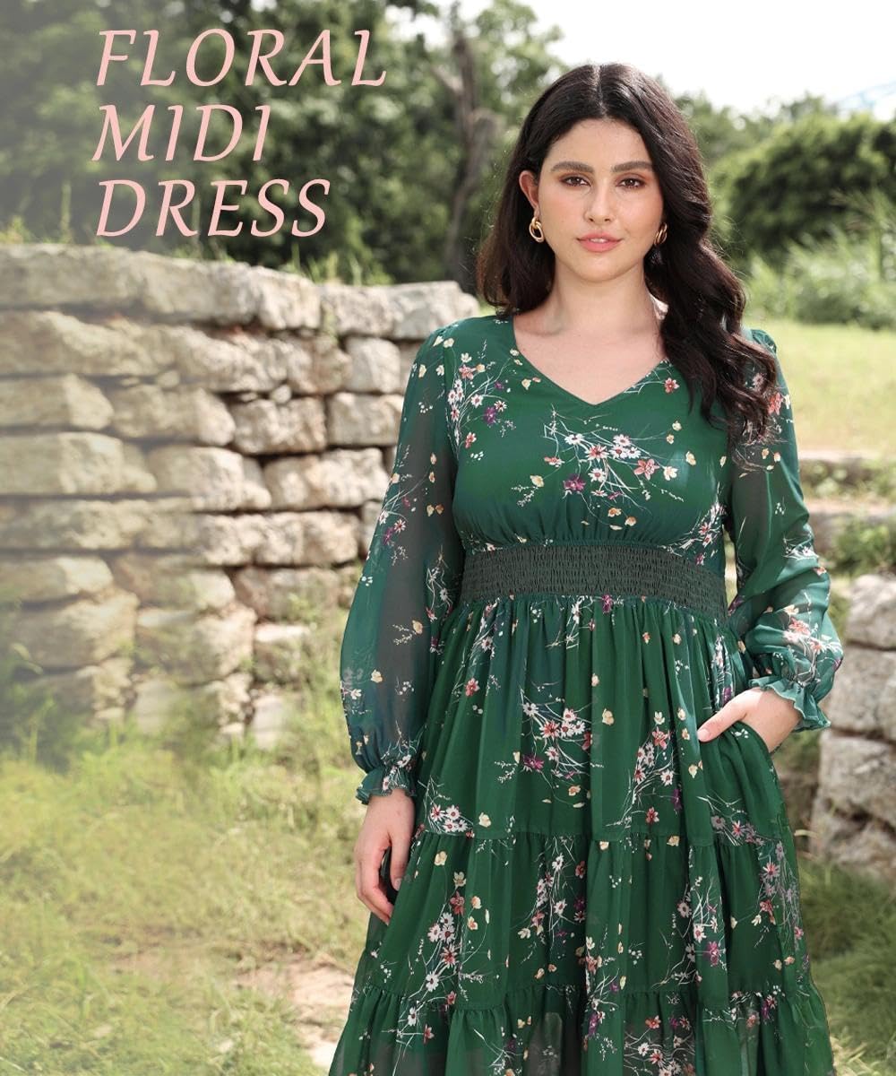 TIYOMI Plus Size Maxi Floral Dress for Women 2025 Long Sleeve V Neck Flowy Dress Empire Waist Wedding Guest Dresses - Image 4