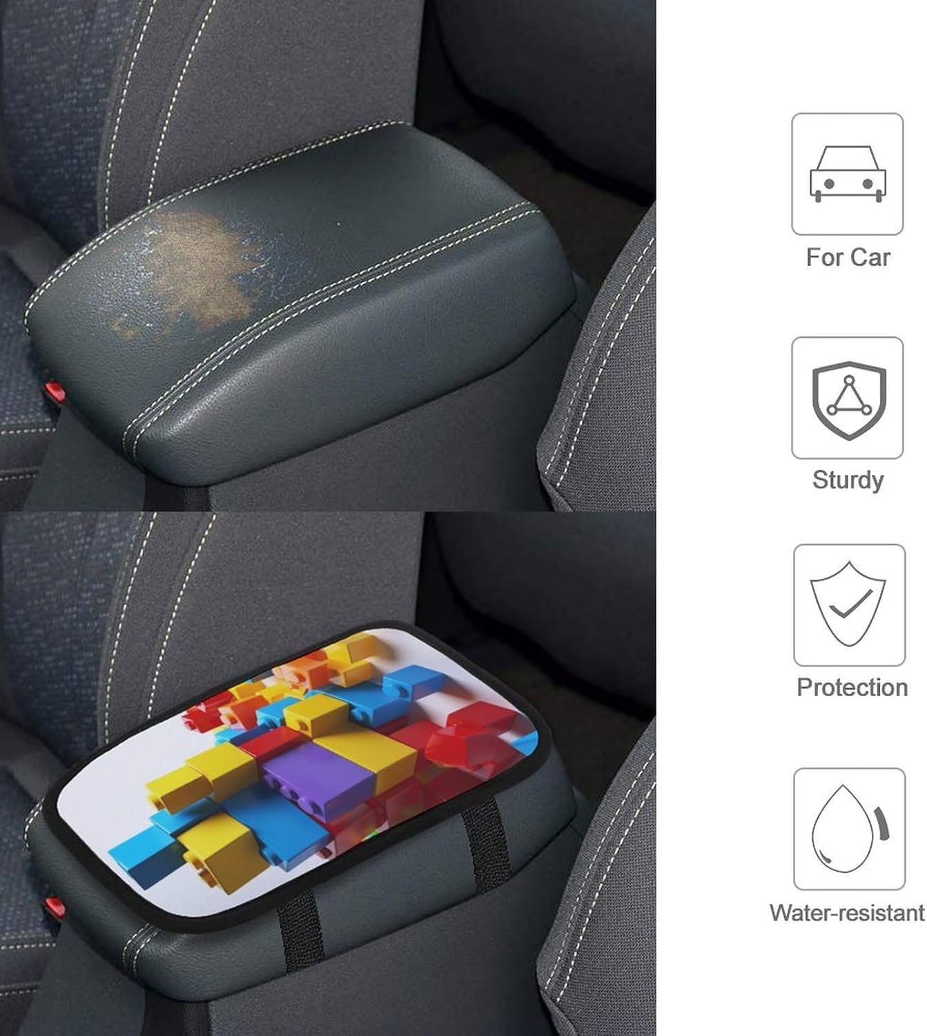 Colorful Building Blocks Car Armrest Cover Auto Center Console Pad Car Accessories Non Slip Soft Armrest Seat Box Cushion Waterproof Vehicle Armrest Protector for SUV Truck Car image 4
