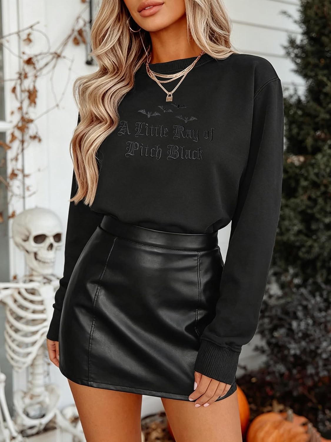 Halloween Sweatshirt Women A Little Ray of Pitch Black Halloween Shirts Spooky Season Embroidered Pullovers