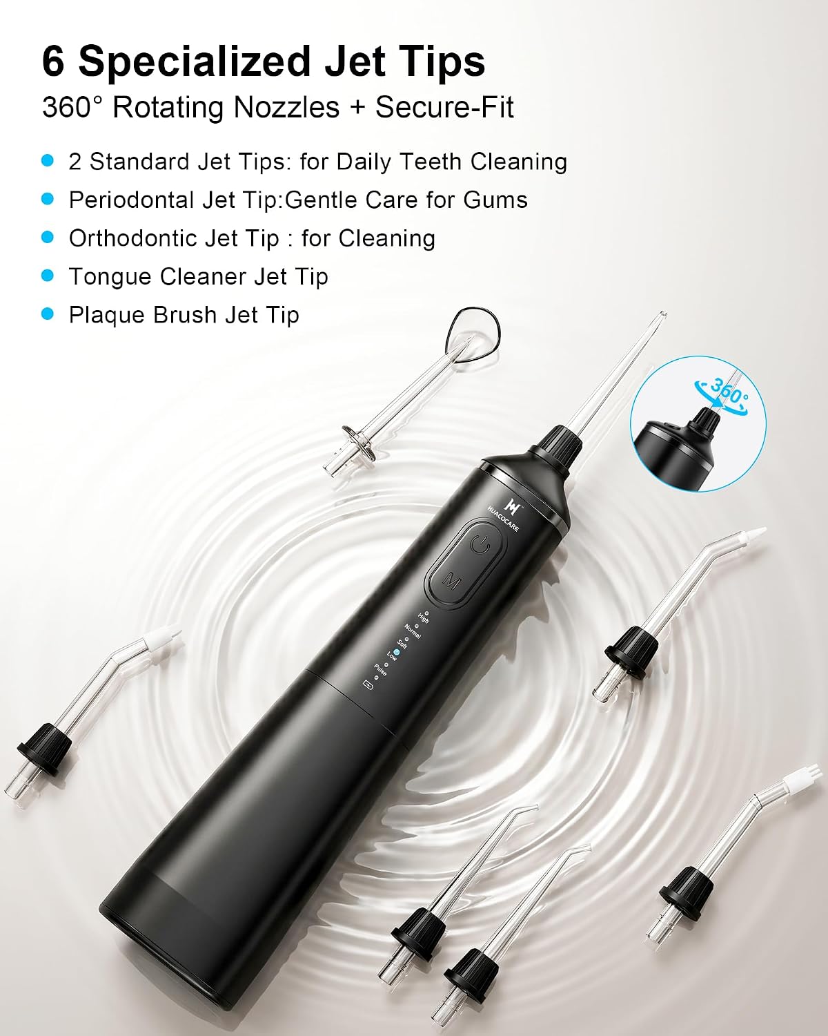 HUACO CARE Upgraded Water Flosser 300ml Large Tank, 5 Modes Professional Cordless Oral Irrigator, High-Pressure Pulse Water Dental Cleaner for Home & Travel, Remove Plaque, Healthy Gums (Black)