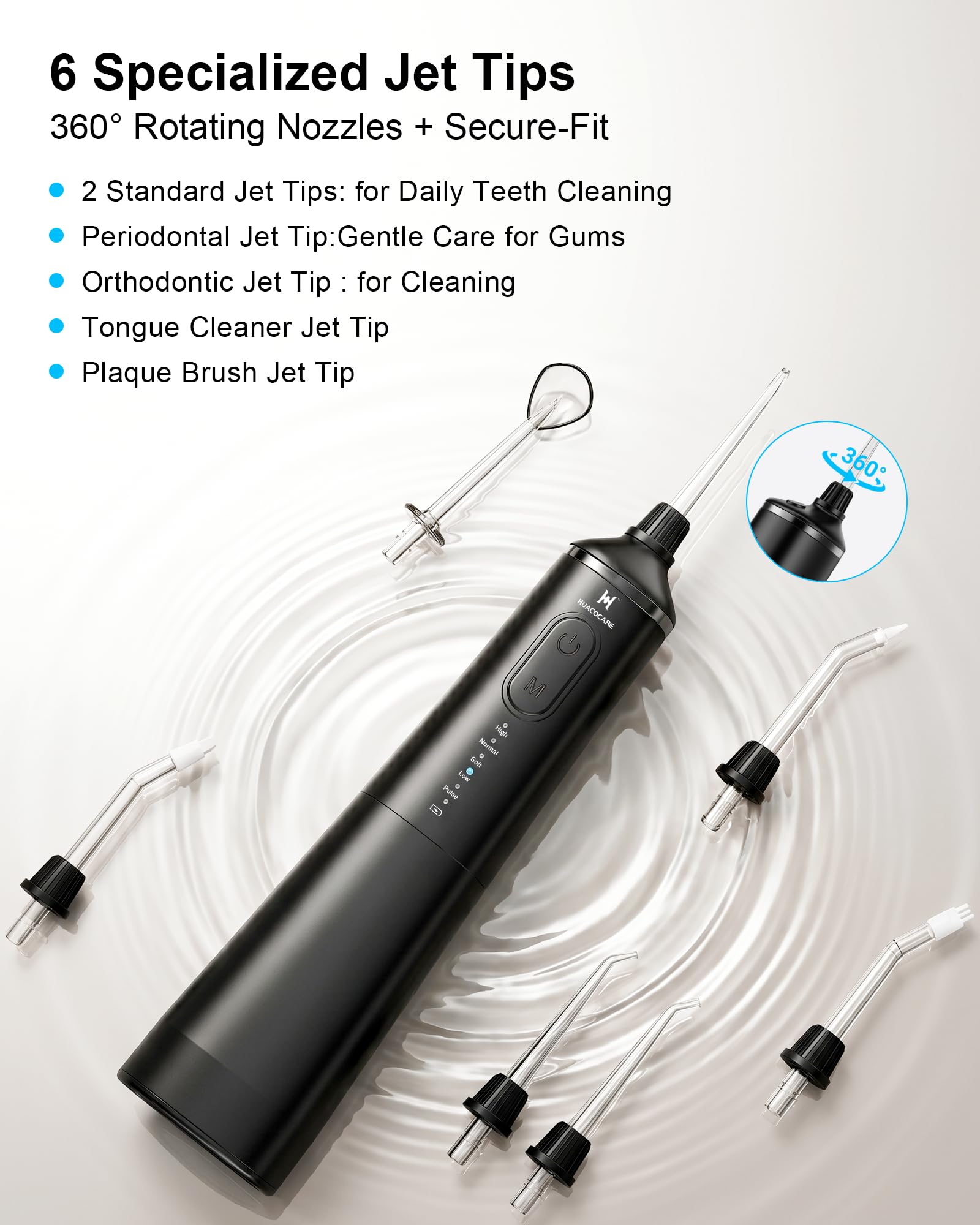 HUACO CARE Irrigador bucal de agua mejorado de 300 ml, 5 modos de irrigador bucal profesional inalámbrico, limpiador dental de agua de pulso de alta presión para el hogar y viajes, elimina la placa