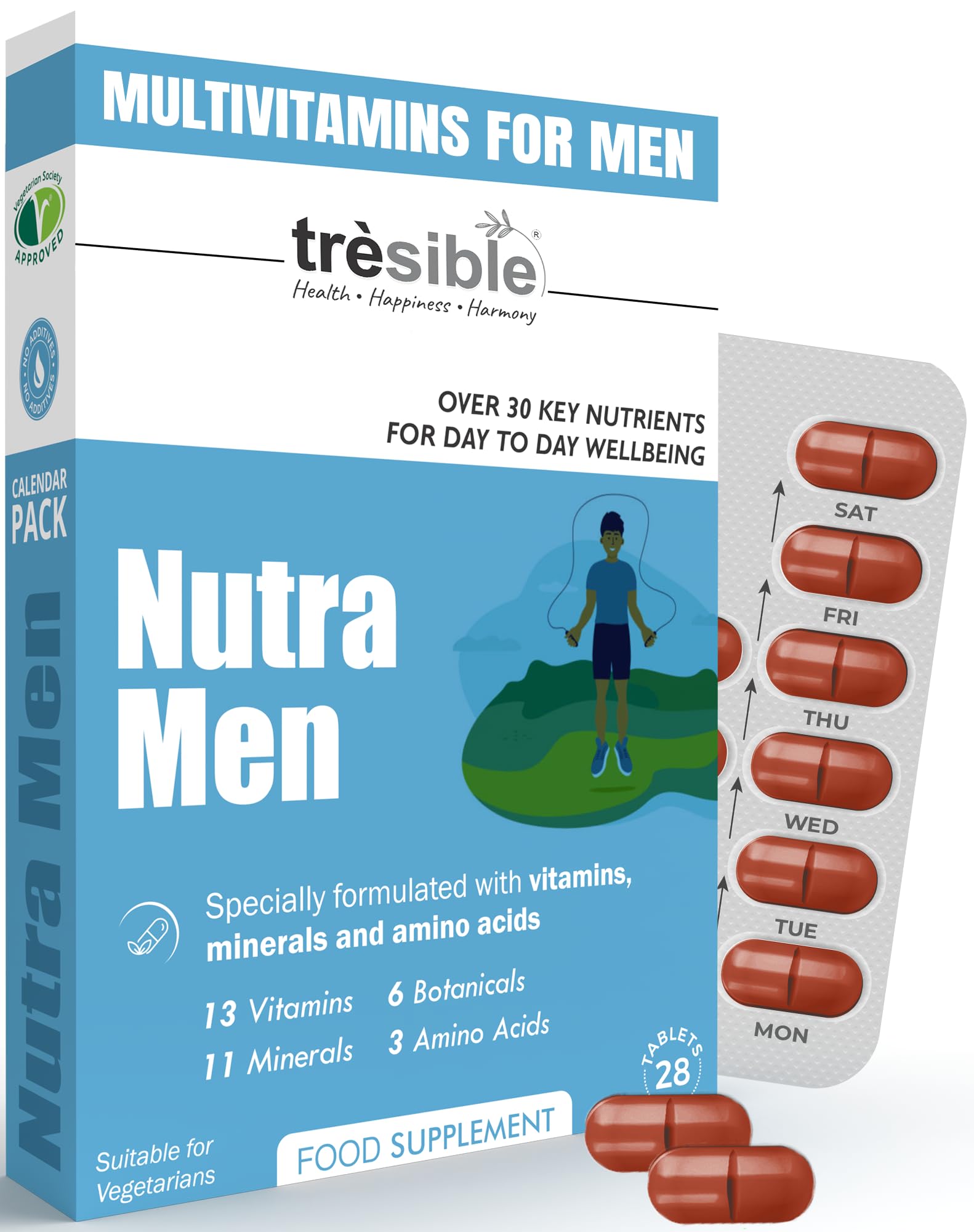 Trèsible Men's Multivitamins and Minerals | Nutra Men 28 Tablets | 33 Essential Nutrients | Primrose Extract and Ginkgo Biloba | Vegetarian, Gluten Free, Halal | No Synthetic Binders or Coating