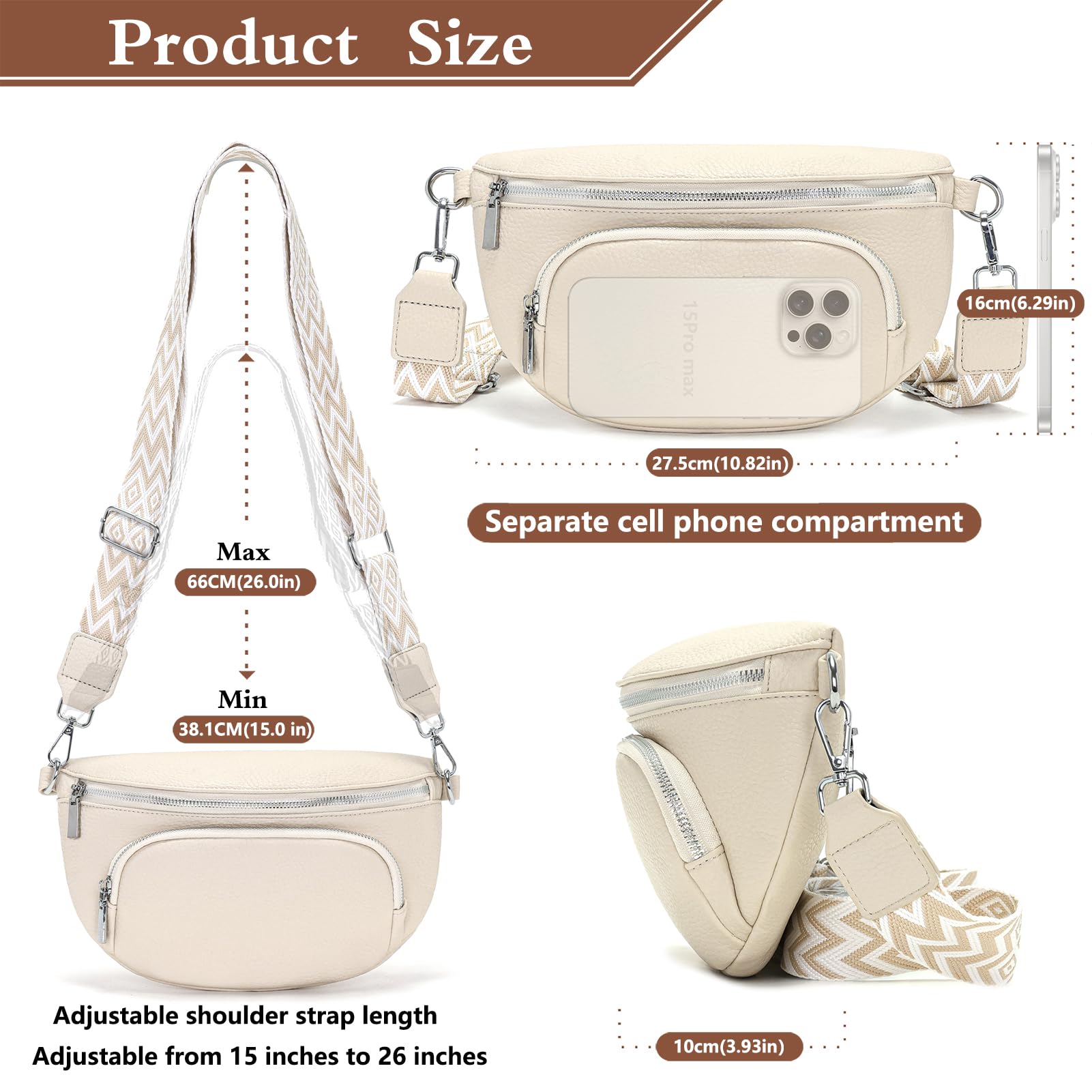 Rorimyth Sac Banane Femme Bandoulière Beige Petit Sacoche Femme bandoulière Cuir Vegan Sac bandouliere Tendance Sacs Banane Ville
