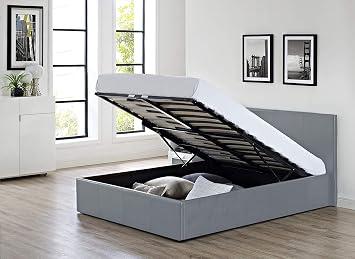 MODERNIQUE  Grey Faux Leather Storage Ottoman Gas Lift Up Bed Frame in Single, Small Double, Double, King & Super King size 4ft6 Double