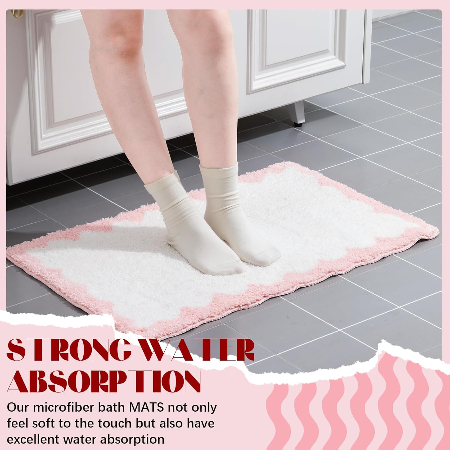 Dunzy Scalloped Pink Bathroom Rugs Set 2 Piece, Irregular Shaped Absorbent Soft Plush Microfiber Bathroom Mats, Pink and White Anti Slip Bath Rugs for Bedroom Kitchen Bathtub, 20" x 32"+16" x 24"