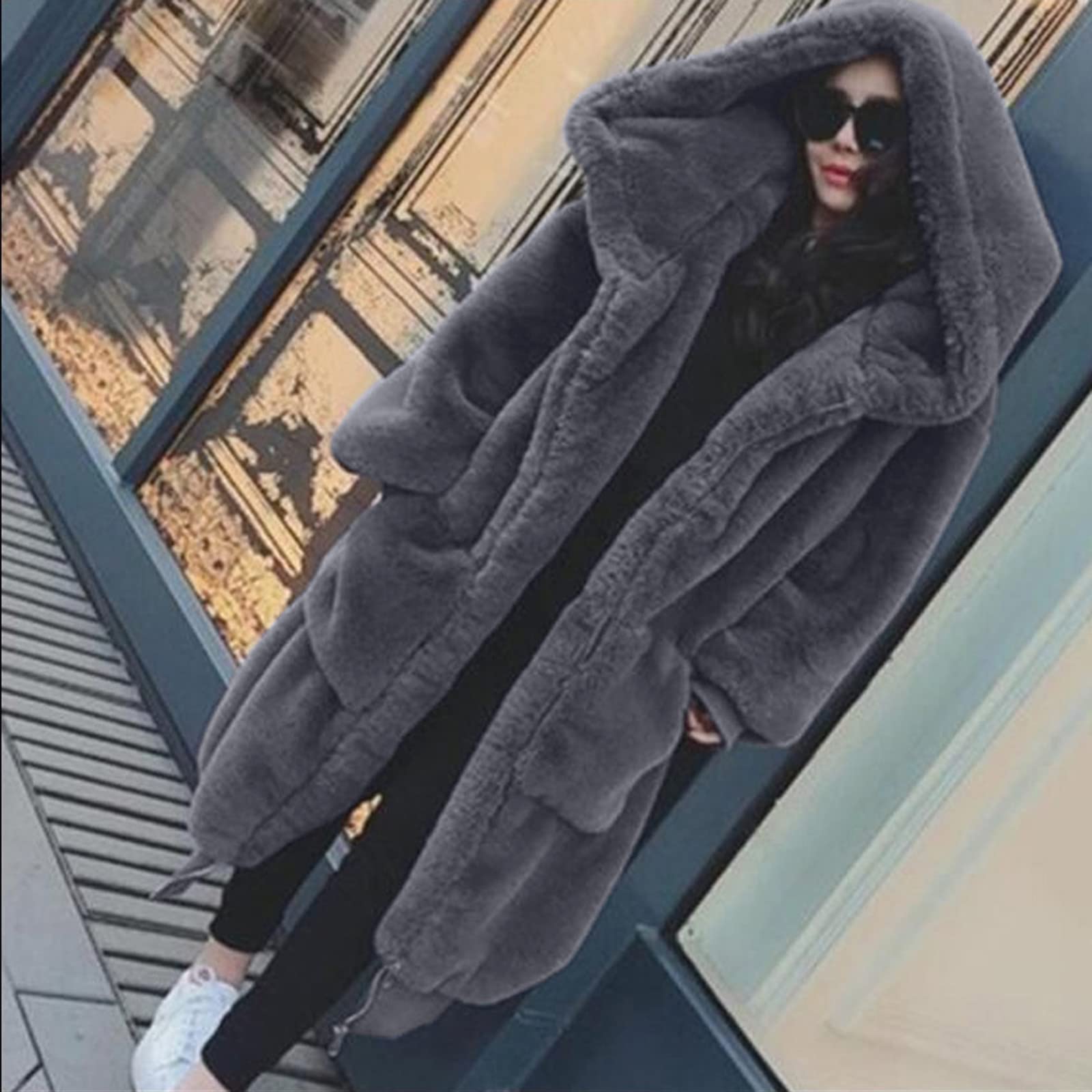 Plüschjacke Damen Lang - Teddy Kapuzenmantel Winter Warm Kapuzenjacke