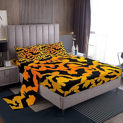 Castle Fairy Juego de sábanas con temática de Halloween, tamaño King, con estampado de animales de murciélagos negros, sábana bajera con bolsillo