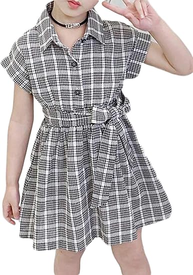 Amazon Qyyワンピース 女の子 半袖 チェック柄 ゆったり Aラインワンピース ガールズ リボン ポロネック キッズ 韓国 ファッション ショート 半袖ワンピース 夏 ワンピース チュニック 通販