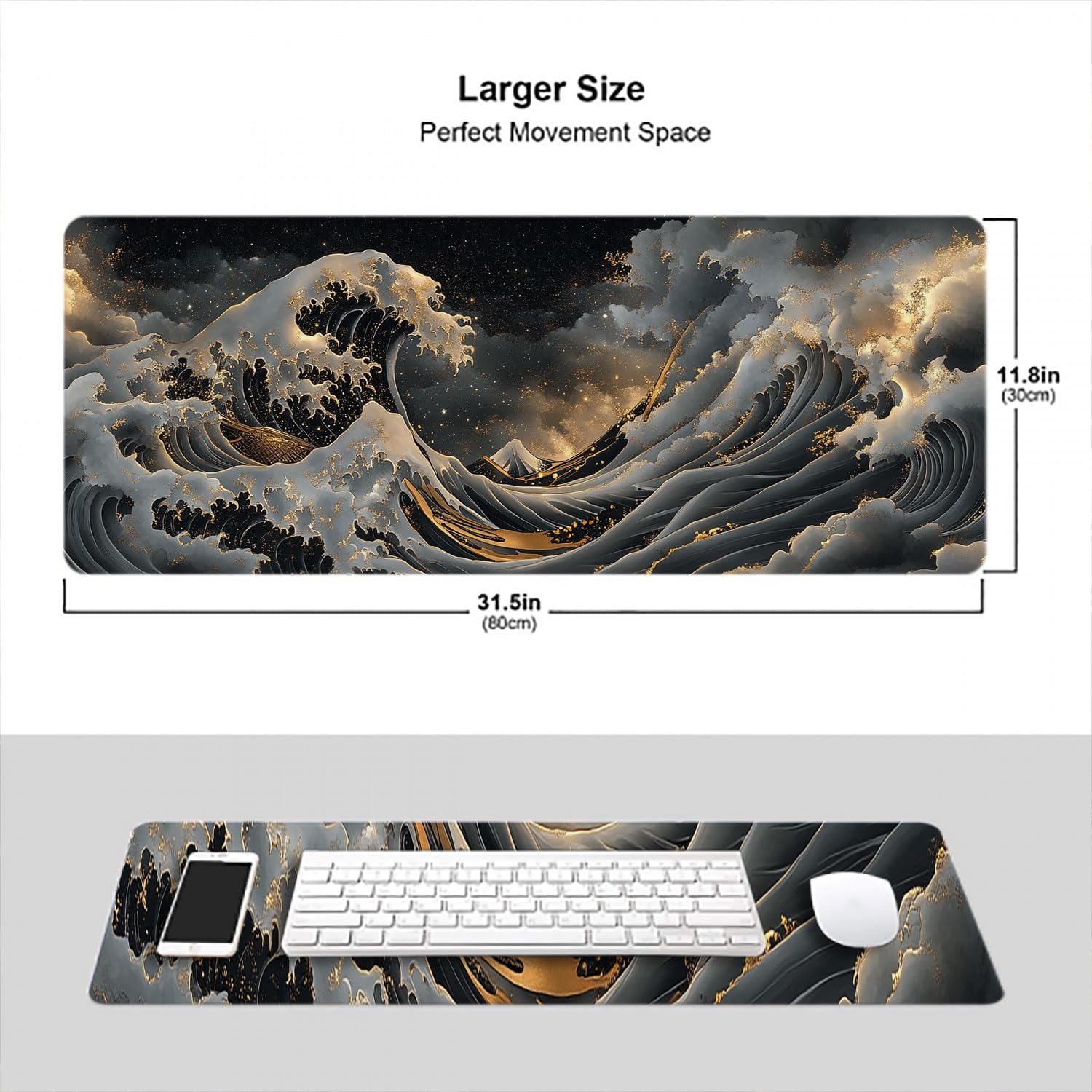Kanagawa Desk Pad Mouse Pad Japanese Gray Gold Black Sea Wave Ocean Mousepad XL Large Gaming Mouse Pad Laptop Keyboard Mat Desk Pad 31.5"x11.8" Office Computer Keyboard Laptop Home image 3