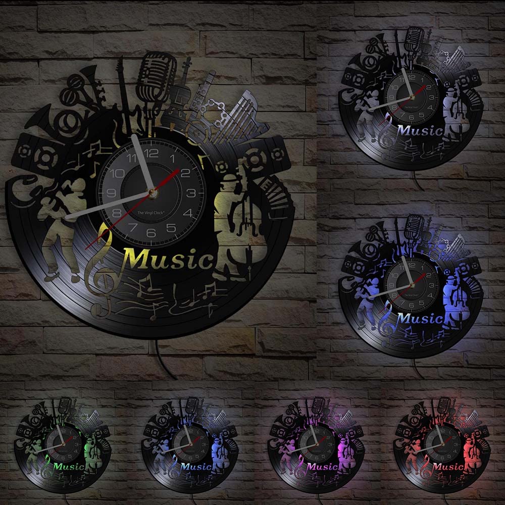 Orologio radiocontrollato in vinile, strumento musicale, orologio da parete con luce notturna a LED, regalo per una bella decorazione per la casa