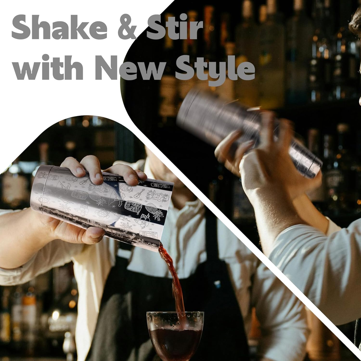 Boston Cocktail Shaker Set, Bartender Kit 3-Piece with Jigger, Mixing Spoon, Etched Design Stainless Steel Professional Bar Home Mixology Tool Kit, 17/24oz Sliver Bartending Set