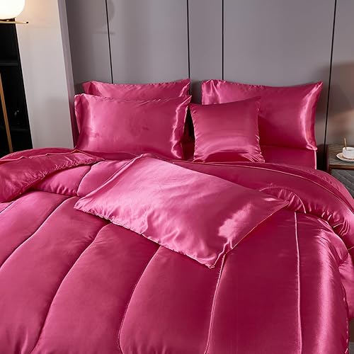 Miniatura 9 de Bedding_Dreamer Juego de edredón de satén con juego de sábanas, cama Queen de color rosa intenso similar a la seda, ropa de cama en una bolsa, 8