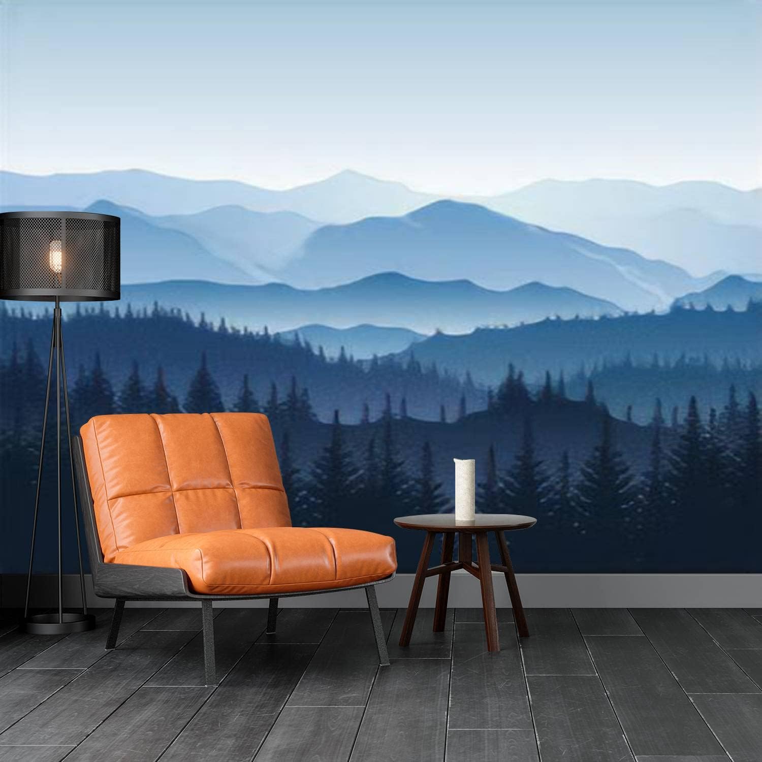 Modern 3D Removable Wallpaper Self-Adhesive Blue Misty Landscape Silhouettes Mountains Hills Trees Wall Murals Peel and Stick Wall Stickers for Living Room Bedroom Wall Decor