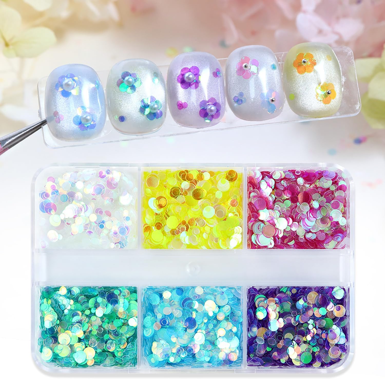Candy Colors Round Nails Sequins Spring Summer Colorful Nails Glitter Flakes Design Holographic Mixed Color 3D Confetti Laser Round Petal Nail Glitter Sequins for Women