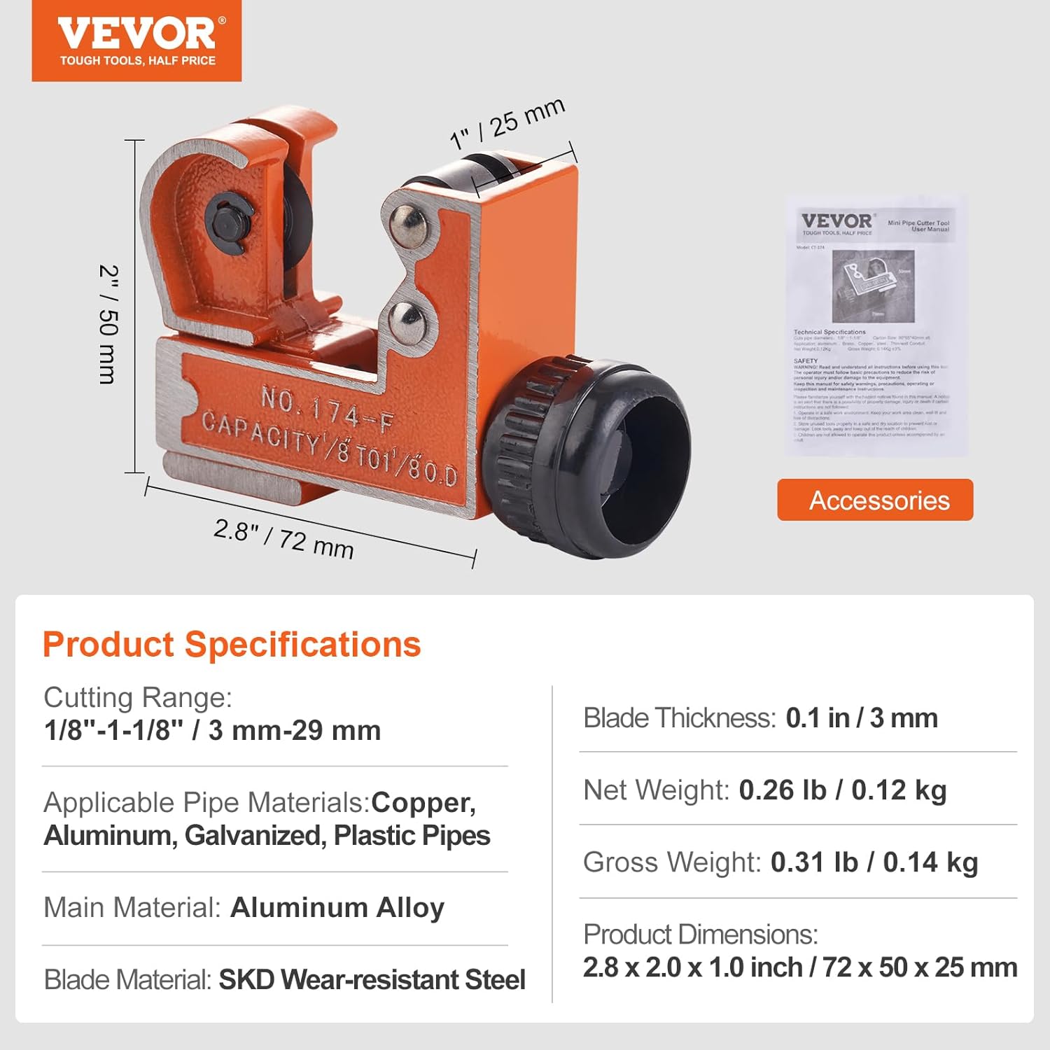 VEVOR Mini Copper Tubing Cutter, Mini Tubing Cutter for 1/8 to 1-1/8 Inch Copper Tubing, Heavy Duty Portable Tube Cutter with High-Speed SKD Blade for Aluminum, Plastic, Galvanized Pipes