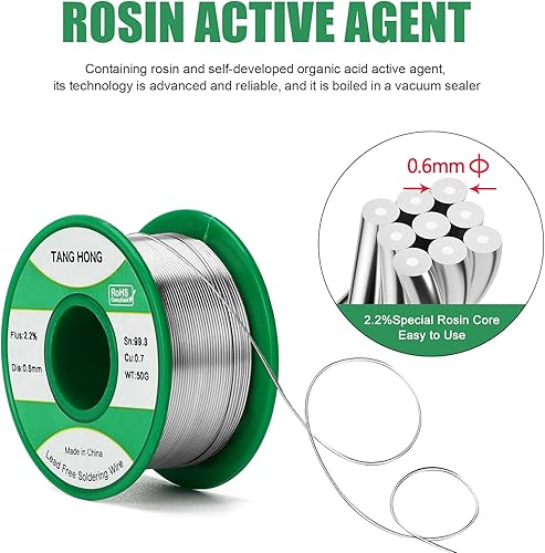 Miniatura 3 de TANG HONG Alambre de soldadura sin plomo,0.024 in Soldadura de núcleo de colofonia,Sn99.3 Cu0.7,para reparaciones electrónicas,1.76 oz de soldadura