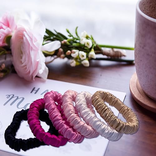 Miniatura 5 de Juego de 6 coleteros de seda de morera 100% pura con 6 colores elegantes para todos los días, coleteros ajustados de seda, cuidado del cabello, sin