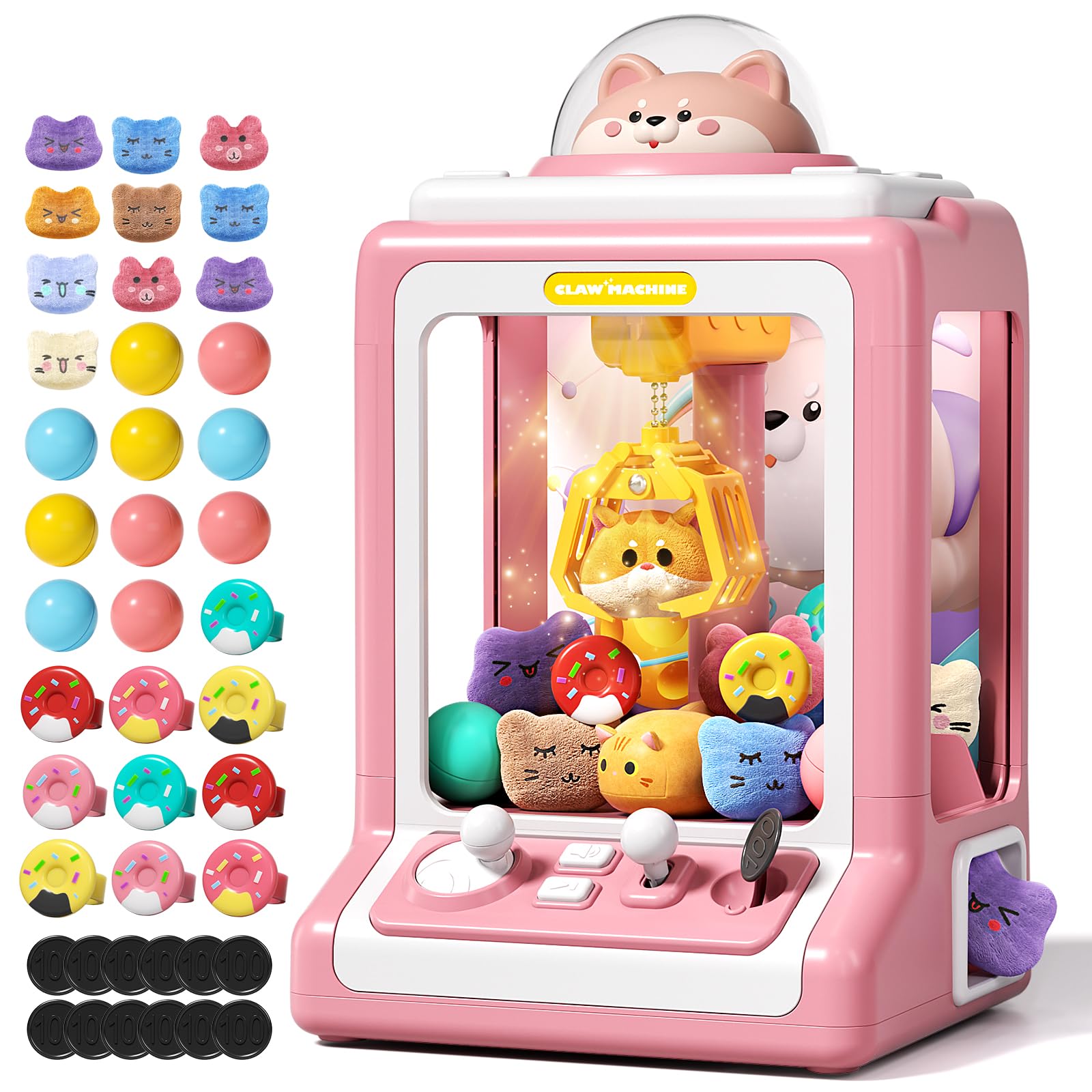 Claw Machine for Kids, Mini Vending Machine with Game Coins & Music, Prize Dispenser Toys for Girls and Boys, Electronic Claw Game Machine for Party Birthdays, Includes 35 Mini Toys (Doggy Pink)