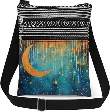 Ramadan Golden Print Crescent Star Crossbody Bag Women Adjustable Shoulder Strap Messenger Bag Travel Crossbody Purse Ramadan Gift Birthday Present for Women Friend Adult