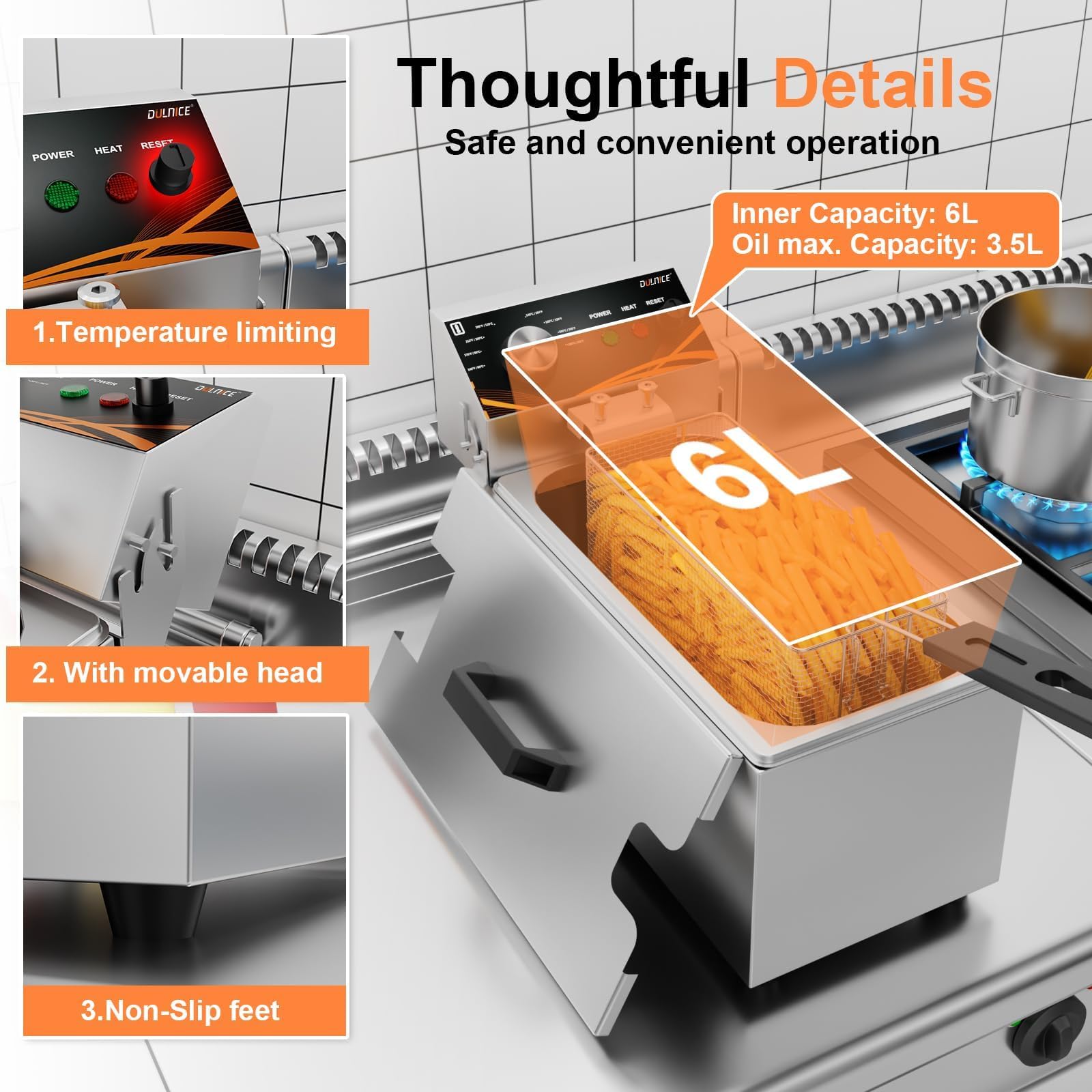 3.5L Gastro Friteuse,Professionelle Elektrische Fritteuse Temperaturregelung 60–200 °C Schnelle Aufheizung Für Pommes Frites 2000W