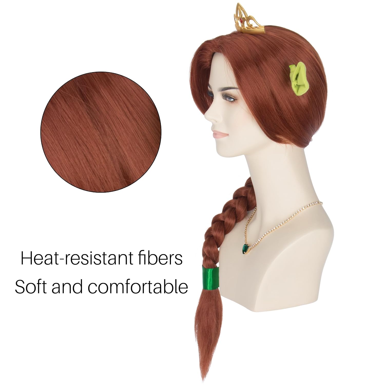 Auburn Braided Wig with Crown Necklace Green Ears and Ribbon for Women Cosplay Halloween Princess Wig