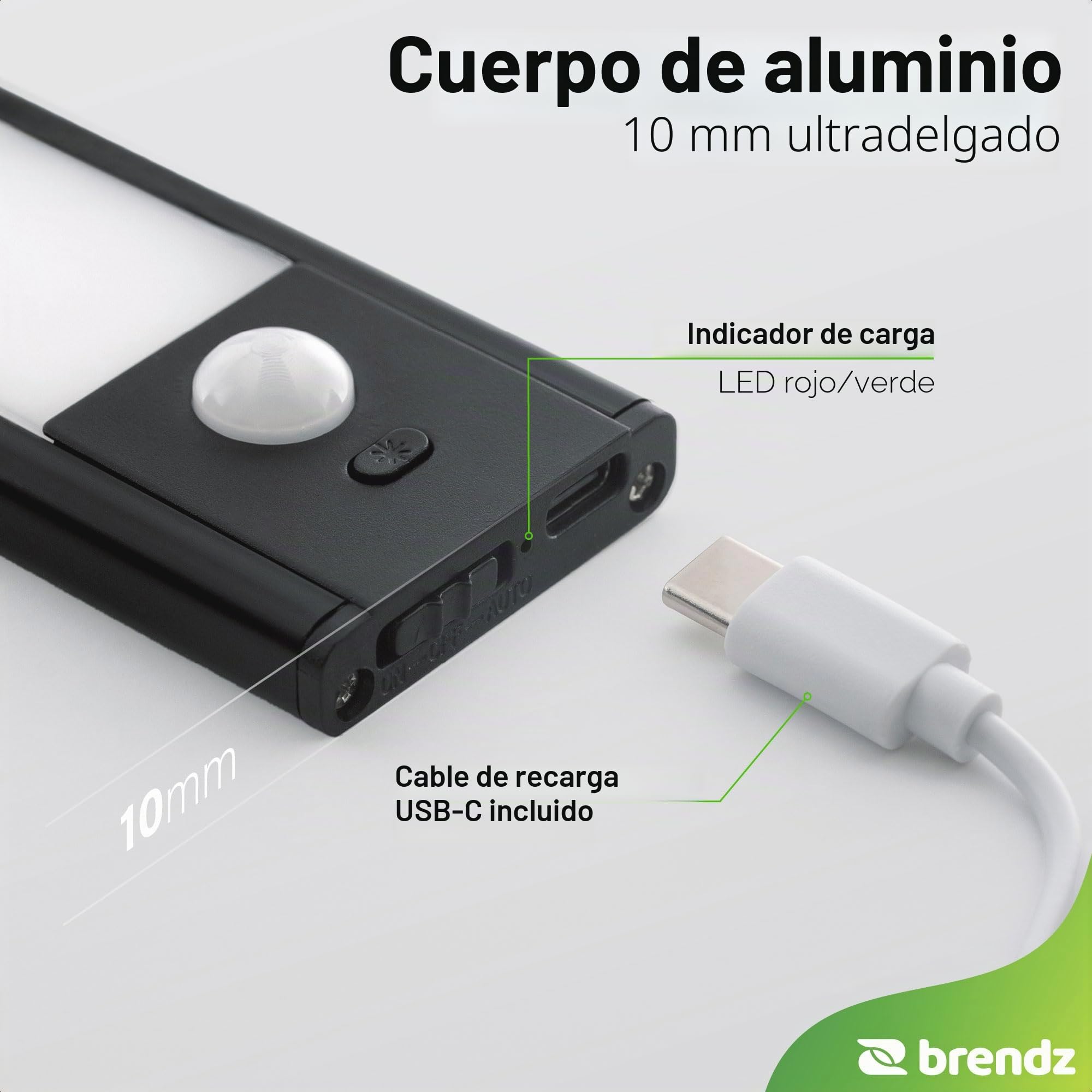 Brendz Luz LED Armario con Sensor de Movimiento, LED Cocina Bajo Mueble, 60cm, Recargables USB-C, 4400mAh, 3 Temperaturas de Color, Regulables, Magnético, Barra Cocina, Puyo Negro