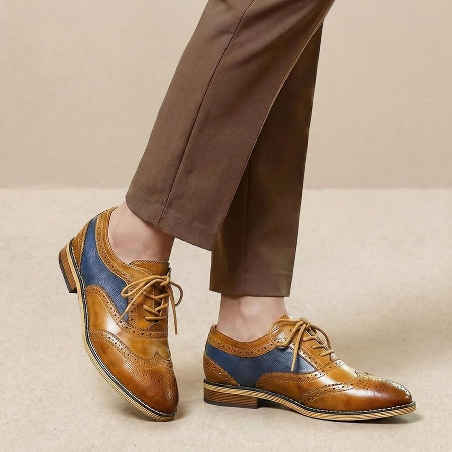 Amazon.com | Mona flying Women's Stacked Heel Wingtip Oxfords