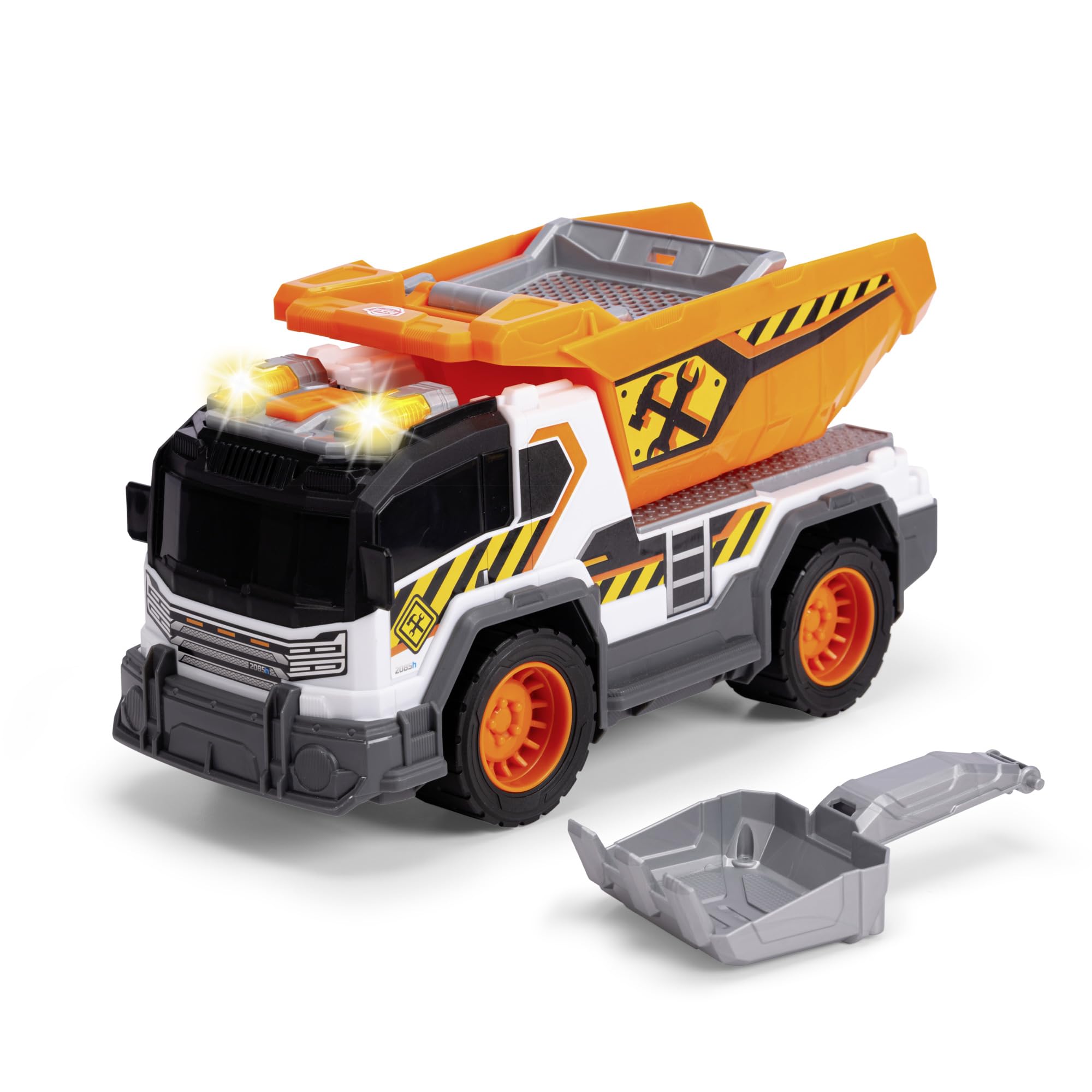Dickie City Heroes Work 203306025 Camion Benne basculante avec lumière et Son, Plateforme de Chargement Rabattable avec Tamis à Sable et Pelle Amovible à partir de 3 Ans