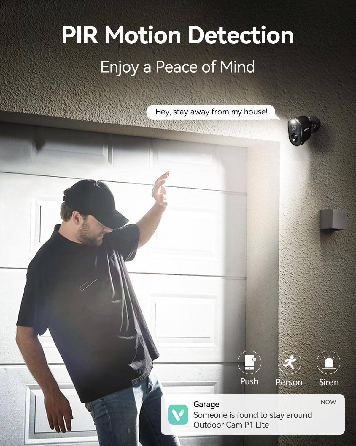 A man reaching for a garage door, with a LongPlus Vicohome X84 camera mounted above, and app notifications for 'Push', 'Person', and 'Siren' alerts.