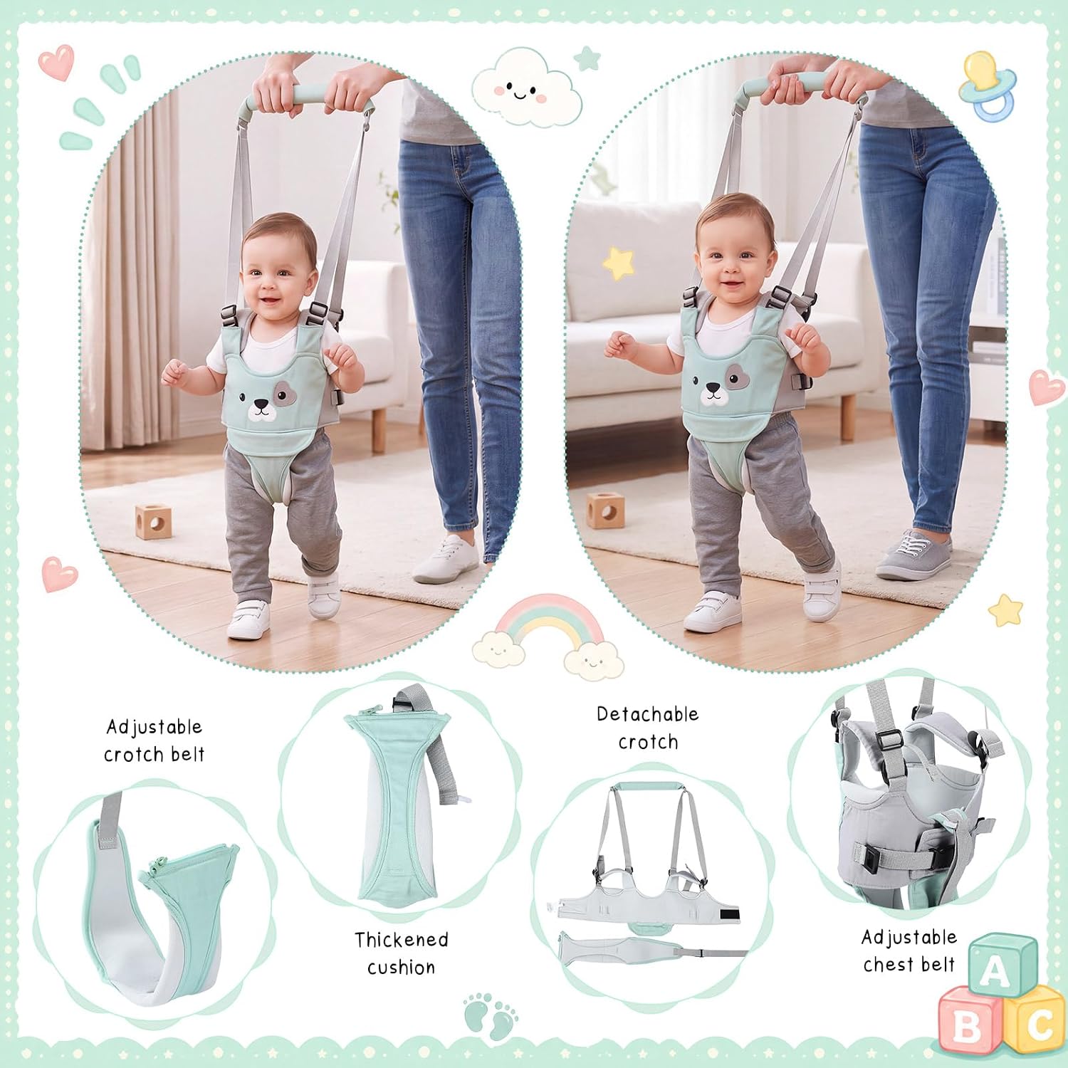 Panitay Baby Walking Harness with 4 Pair Non Slip Knee Pads and Socks, Bear
