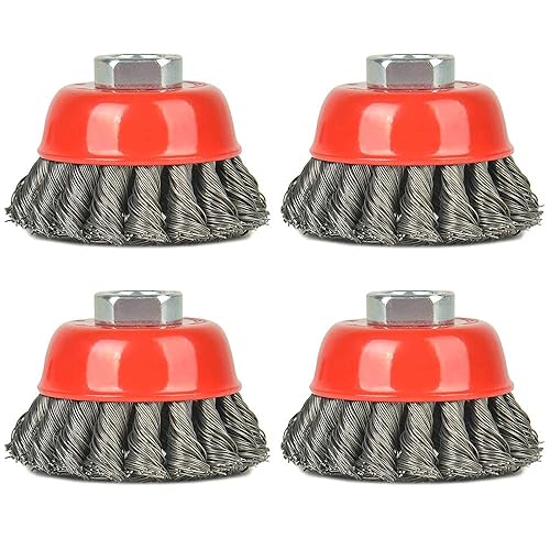 4 piezas  Cepillo de copa de rueda anudado torcido de 3 pulgadas con eje roscado de 58 pulgadas  11 para amoladora angular, RPM máximo 12,500,