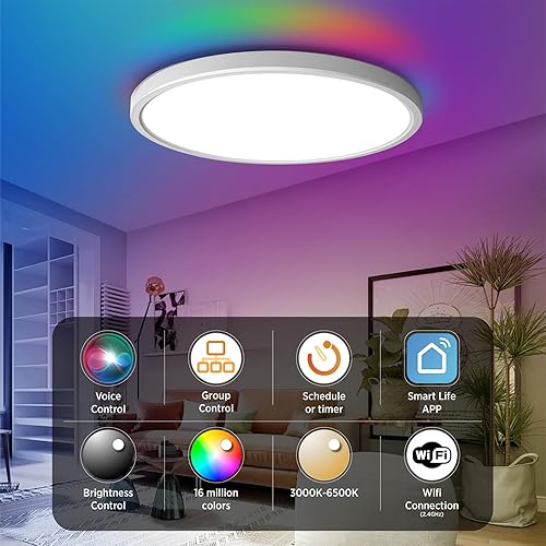 Miniatura 9 de TALOYA Compatible con Alexa Flush Mount Lámpara de techo de 12 pulgadas luz ambiental RGB de 12 pulgadas luz de día 3000 K  6500 K ajustable por