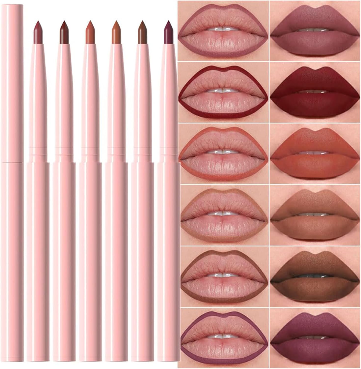 Set van 6 intrekbare liplinerpotloden voor het vormgeven en modelleren van lippen, Mauve Maroon Donkerrood Oranje Naakt Chocoladebruin Pruim Romig Mat Velvet Gepigmenteerd
