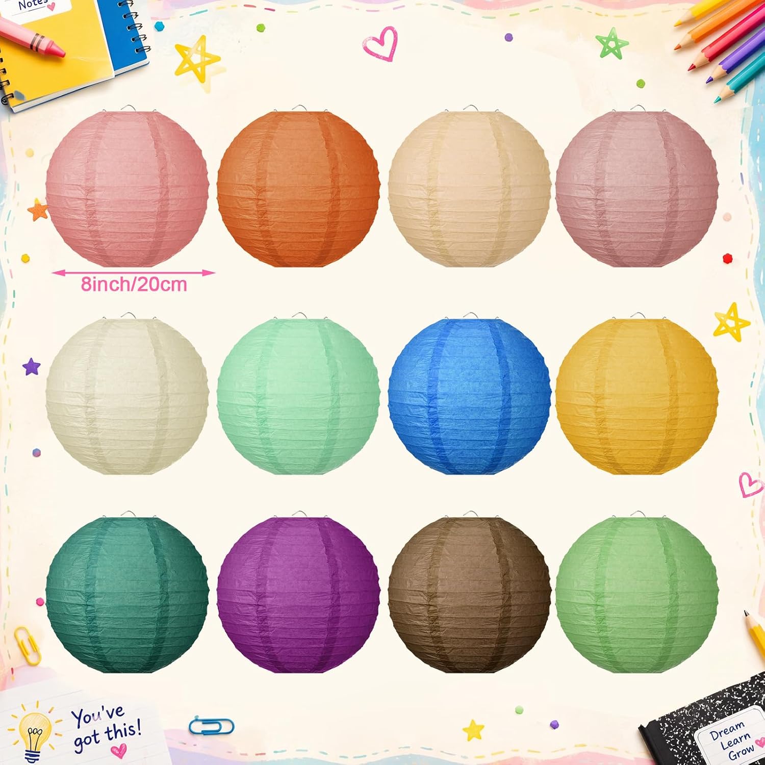 24 Pcs Boho Paper Lanterns for Boho Classroom Decor | 8 Inch, Back to School, Paper Lanterns Party Decoration for Ceilings Hanging First Day of School Preschool Decor