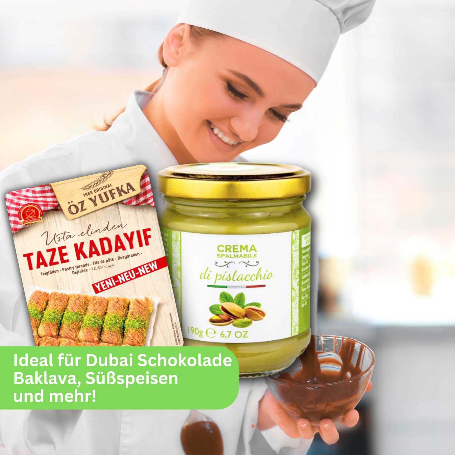 Kadayif Engelshaar Teigfäden + Pistaziencreme - Set zur Herstellung von Dubai Schokolade (1x400g Kadayif - 1x 190g Pistaziencreme 40%) inkl. Anleitung