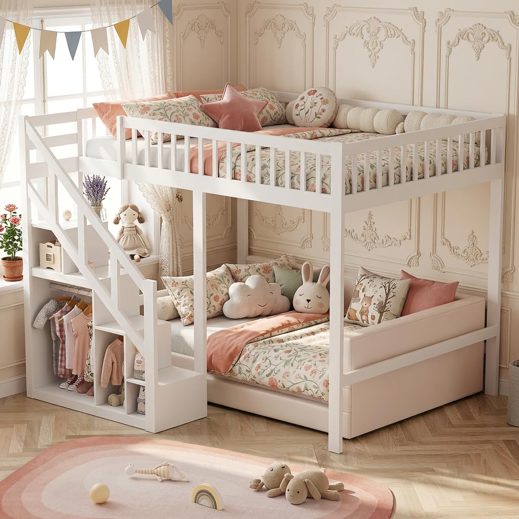 Letto a Soppalco 90x200 per Bambini con Scala Contenitore e Armadio, Letto a Castello in Legno Massello con Protezione Anticaduta, Letto Rialzato Salvaspazio per Cameretta, Bianco
