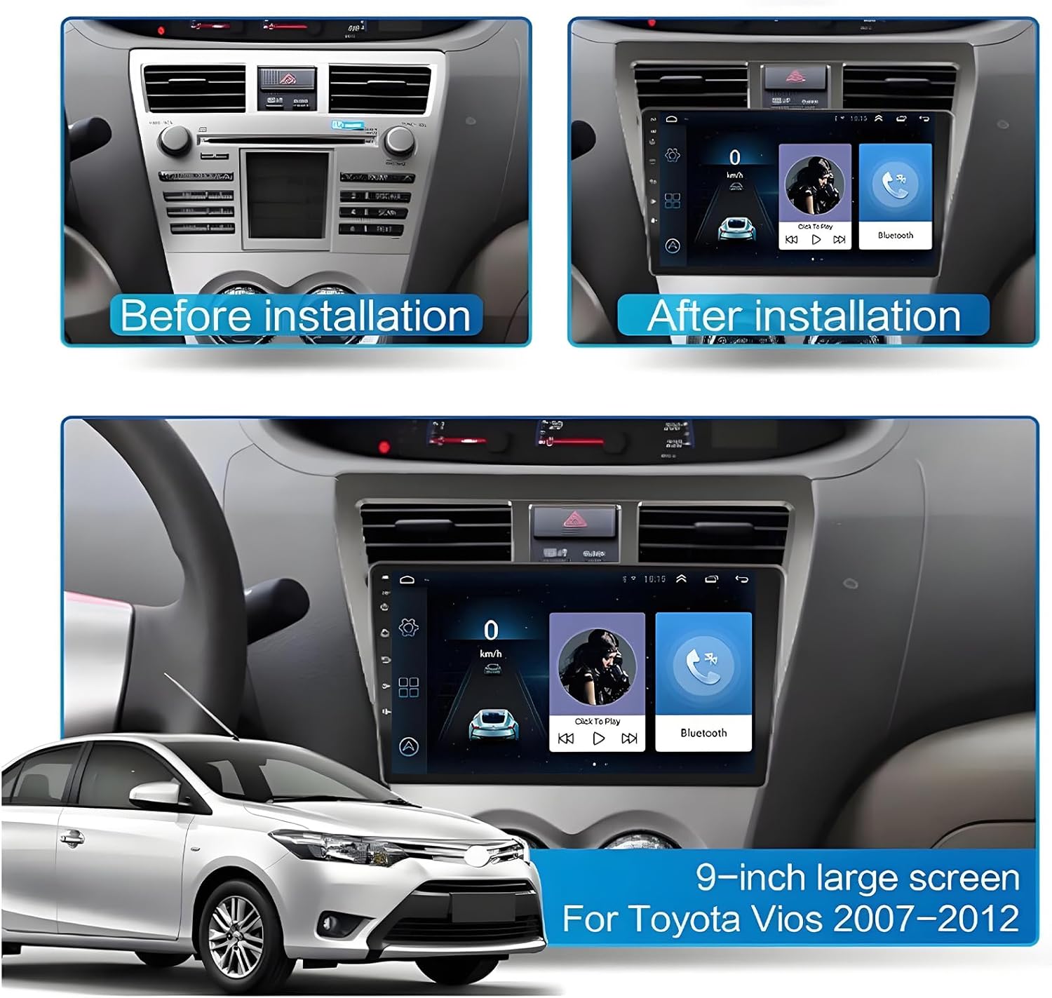 Car Stereo Radio Fit for Toyota Vios Yaris 2007 2008 2009 2010 2011 2012, 9" Touch Screen Car Radio Receiver with Carplay Android Auto WiFi GPS Navigation Bluetooth FM SWC Backup Camera - 2+32G