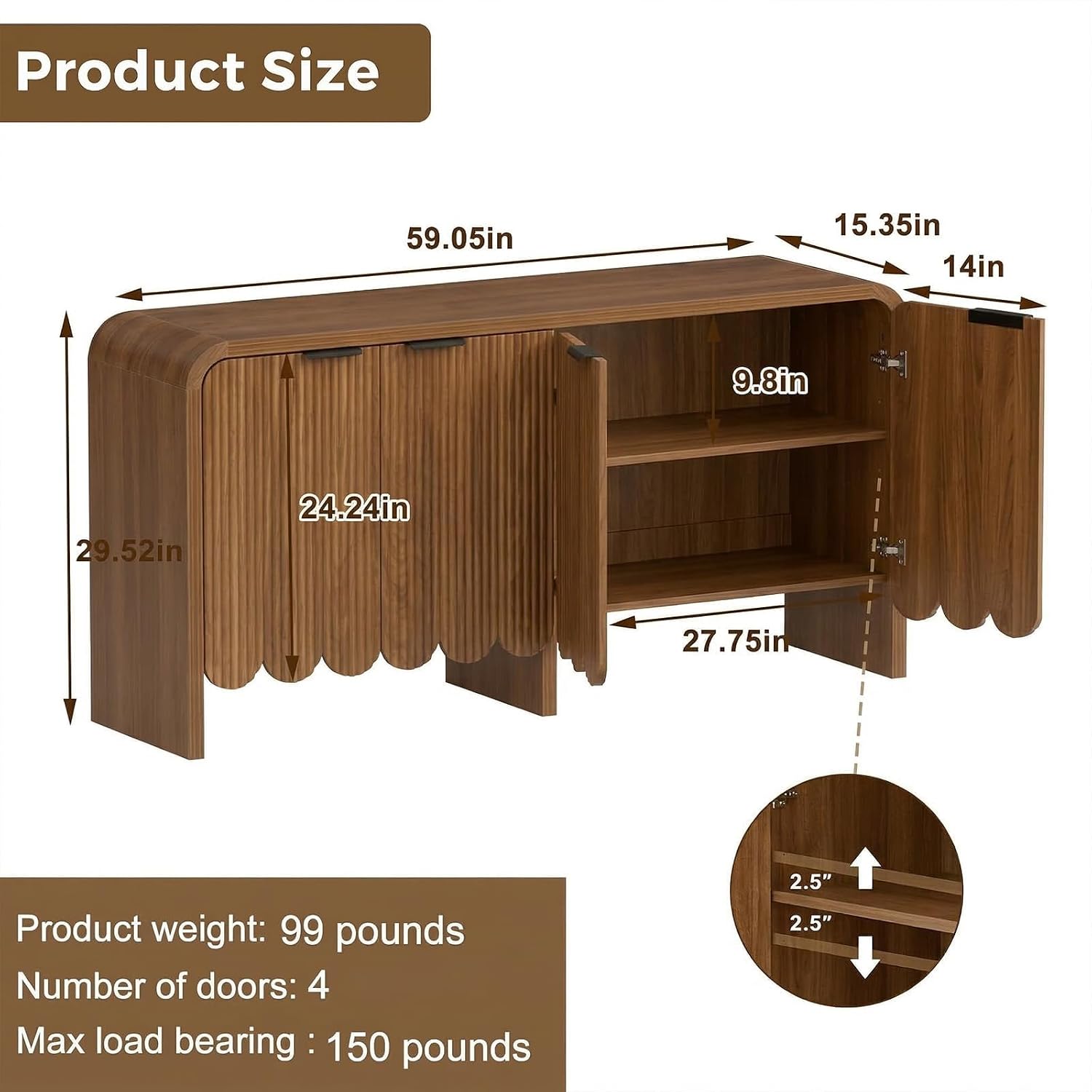 59" Fluted Sideboard Buffet Cabinet, Scalloped 4-Door Coffee Bar Cabinet Thickened Wooden Board,Console Table with Storage for Living Room,Dining Room, Kitchen,Entryway