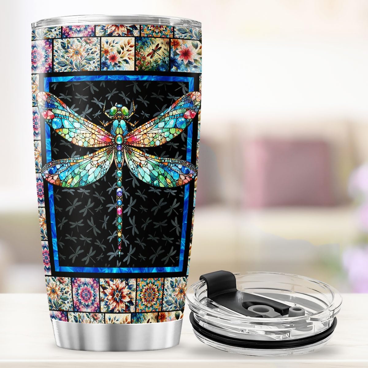Dragonfly Mosaic Travel Cup for Women, 20oz Stainless Steel Insulated Tumbler with Artistic Floral Patchwork, Colorful Insect Design, Hot Cold Coffee Tea Mug Gift - Image 4
