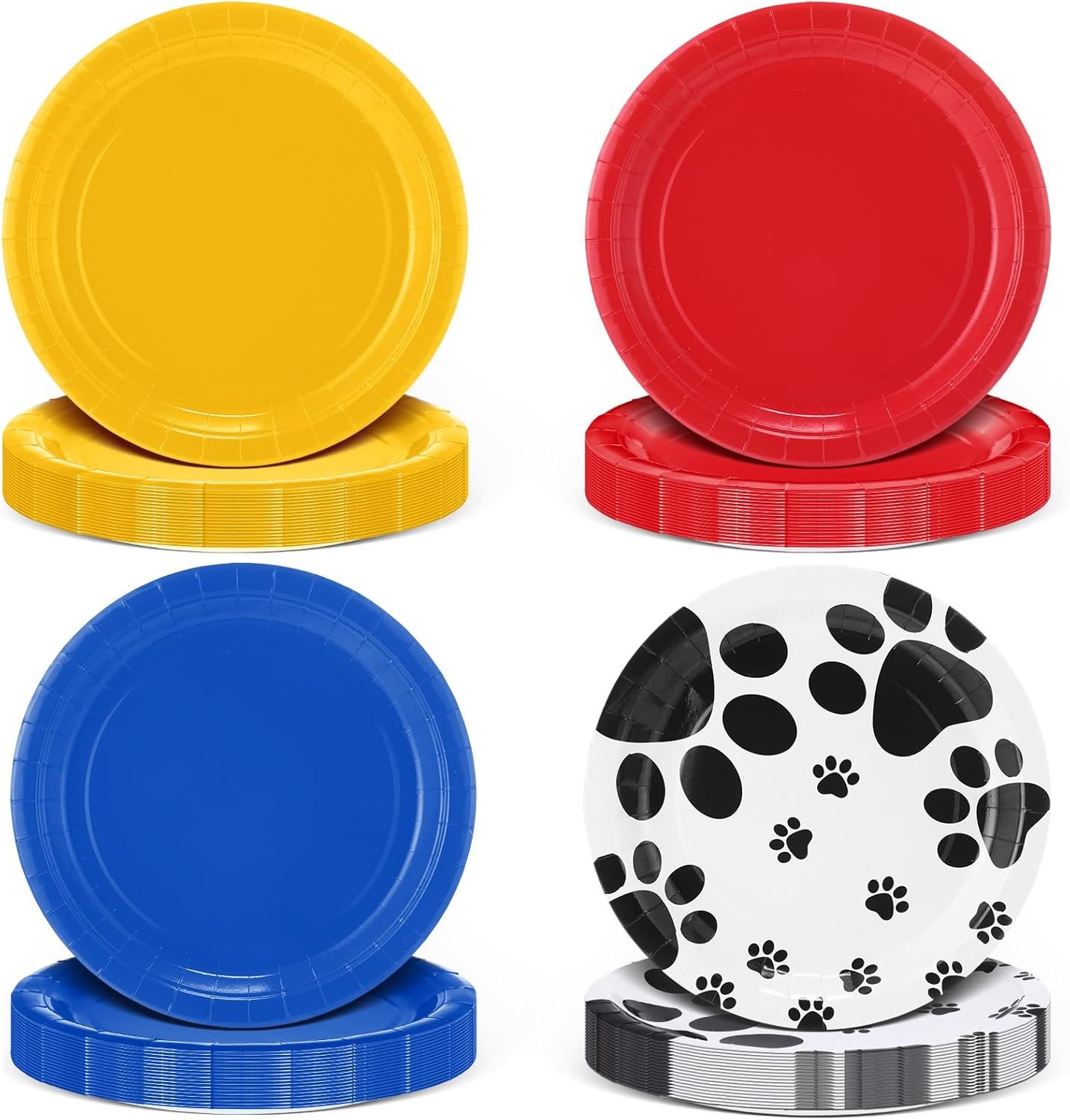 LemonRoad 48 Pcs Puppy Dog Pet Paw Print Party Paper Plates for Dog Themed Supplies 7" Yellow Red Blue Disposable Dessert Plates for Pet Birthday Puppy Theme Shower Party Decorations