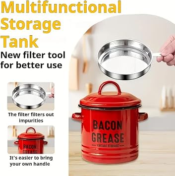 2026 Upgraded Enamel Bacon Grease Container with Stainless Steel Strainer, Food-Grade Silicone Scraper & Leak-Proof Lid – Large-Capacity, Splatter-Free Fat Storage Jar for Cooking, Baking (C)