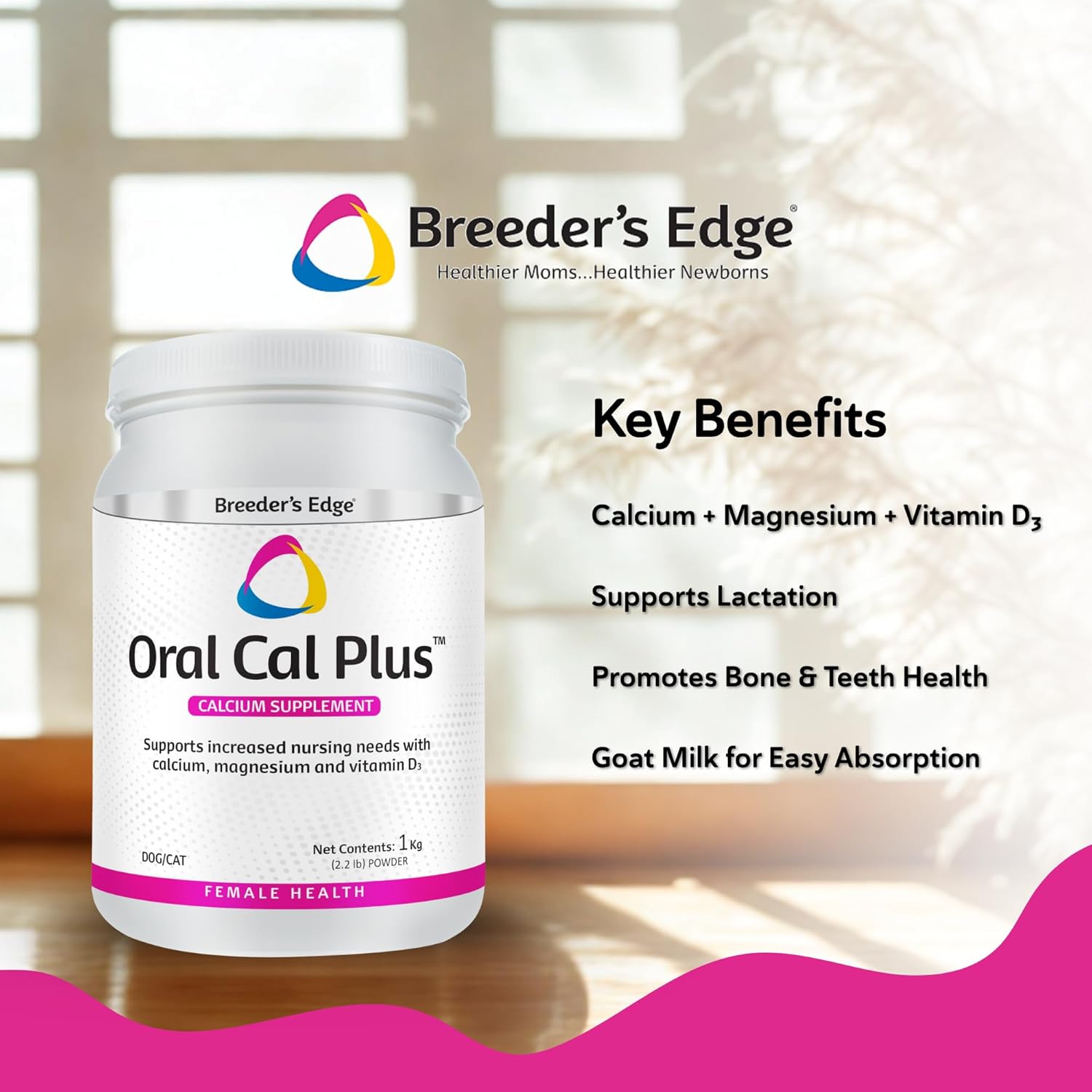 Breeder’s Edge Oral Cal Plus Powder, Calcium & Vitamin D₃ Whelping Supplement for Nursing Dogs and Cats, Supports Healthy Bones, Teeth & Lactation, 1kg